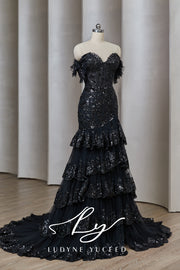 Vestido de novia de organza floral 3D sin tirantes con mangas desmontables