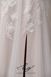 Vestido de novia de organza floral 3D sin tirantes con mangas desmontables