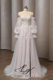 Vestido de novia de organza floral 3D sin tirantes con mangas desmontables