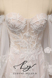 Vestido de novia de organza floral 3D sin tirantes con mangas desmontables