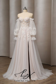 Vestido de novia de organza floral 3D sin tirantes con mangas desmontables