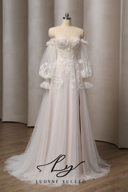 Vestido de novia de organza floral 3D sin tirantes con mangas desmontables
