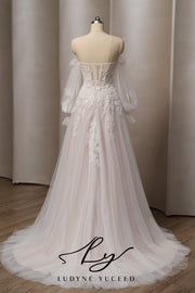 Vestido de novia de organza floral 3D sin tirantes con mangas desmontables