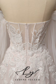 Vestido de novia de organza floral 3D sin tirantes con mangas desmontables