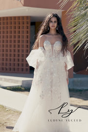 Vestido de novia de organza floral 3D sin tirantes con mangas desmontables