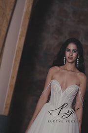 Vestido de novia de organza floral 3D sin tirantes con mangas desmontables