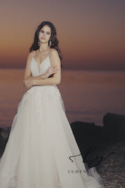 Vestido de novia de organza floral 3D sin tirantes con mangas desmontables