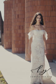 Vestido de novia de organza floral 3D sin tirantes con mangas desmontables