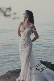 Vestido de novia de organza floral 3D sin tirantes con mangas desmontables
