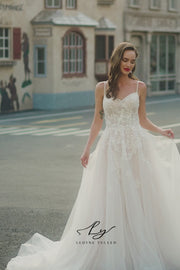 Vestido de novia de organza floral 3D sin tirantes con mangas desmontables