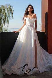 Vestido de novia de organza floral 3D sin tirantes con mangas desmontables