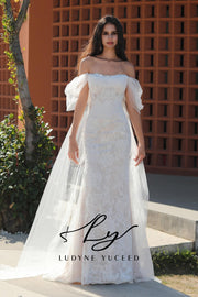 Vestido de novia de organza floral 3D sin tirantes con mangas desmontables