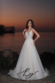 Vestido de novia de organza floral 3D sin tirantes con mangas desmontables