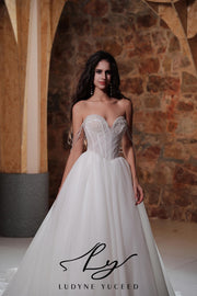 Vestido de novia de organza floral 3D sin tirantes con mangas desmontables