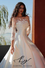 Vestido de novia de organza floral 3D sin tirantes con mangas desmontables