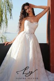 Vestido de novia de organza floral 3D sin tirantes con mangas desmontables