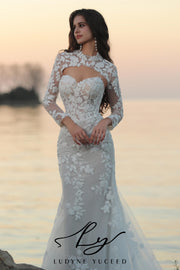 Vestido de novia de organza floral 3D sin tirantes con mangas desmontables