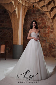 Vestido de novia de organza floral 3D sin tirantes con mangas desmontables