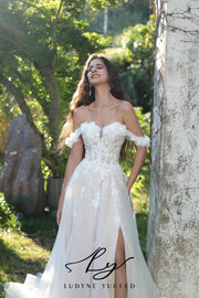Vestido de novia de organza floral 3D sin tirantes con mangas desmontables