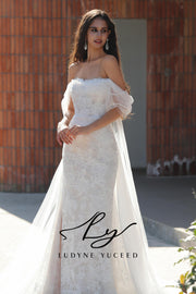Vestido de novia de organza floral 3D sin tirantes con mangas desmontables