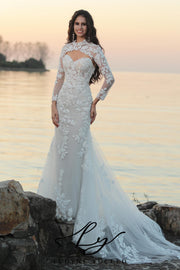 Vestido de novia de organza floral 3D sin tirantes con mangas desmontables