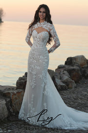 Vestido de novia de organza floral 3D sin tirantes con mangas desmontables