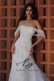 Vestido de novia de organza floral 3D sin tirantes con mangas desmontables
