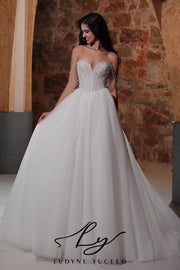 Vestido de novia de organza floral 3D sin tirantes con mangas desmontables