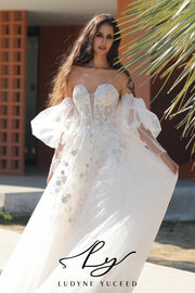 Vestido de novia de organza floral 3D sin tirantes con mangas desmontables