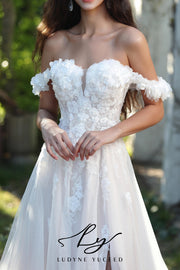 Vestido de novia de organza floral 3D sin tirantes con mangas desmontables