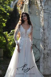 Vestido de novia de organza floral 3D sin tirantes con mangas desmontables