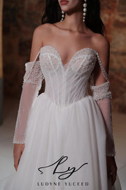 Vestido de novia de organza floral 3D sin tirantes con mangas desmontables