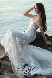 Vestido de novia de organza floral 3D sin tirantes con mangas desmontables