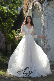 Vestido de novia de organza floral 3D sin tirantes con mangas desmontables