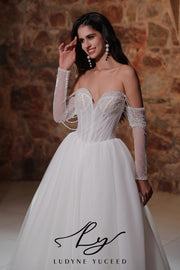 Vestido de novia de organza floral 3D sin tirantes con mangas desmontables