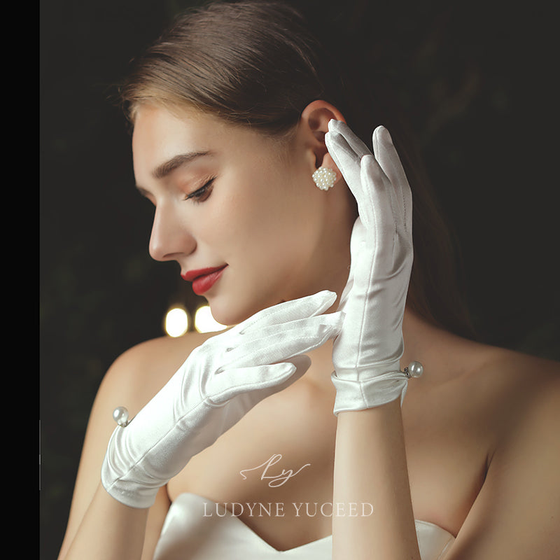 Elegant Satin Pearl Bridal Gloves