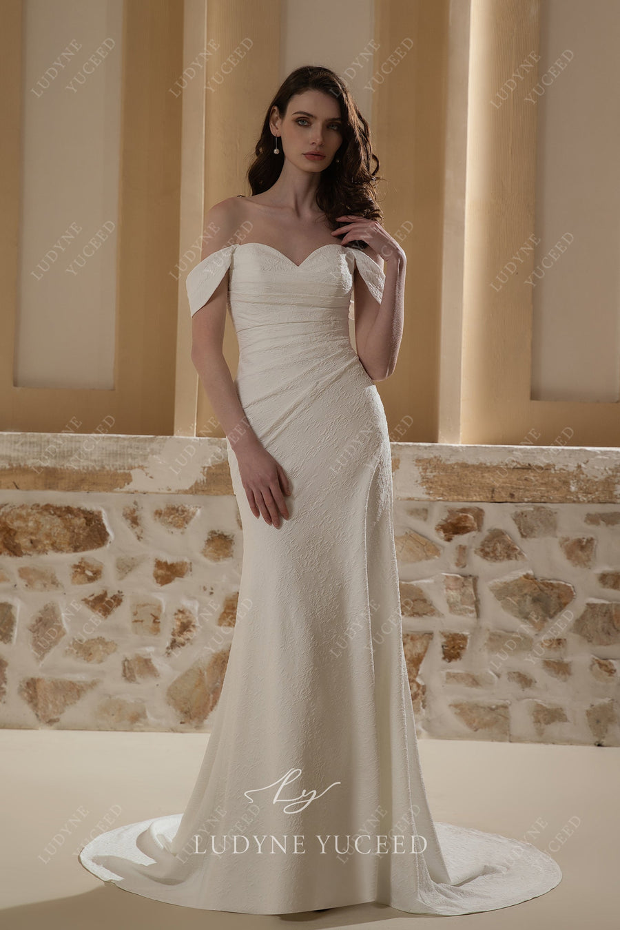 In Stock|Simple and Elegant Satin Off-The-Shoulder Wedding Gown Ivory