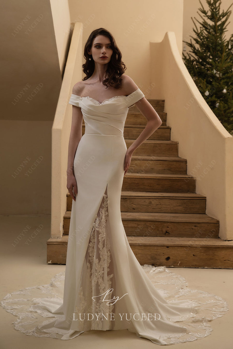 In Stock|Crepe Fit and Flare Gown with Embellished Sweetheart Neckline Ivory