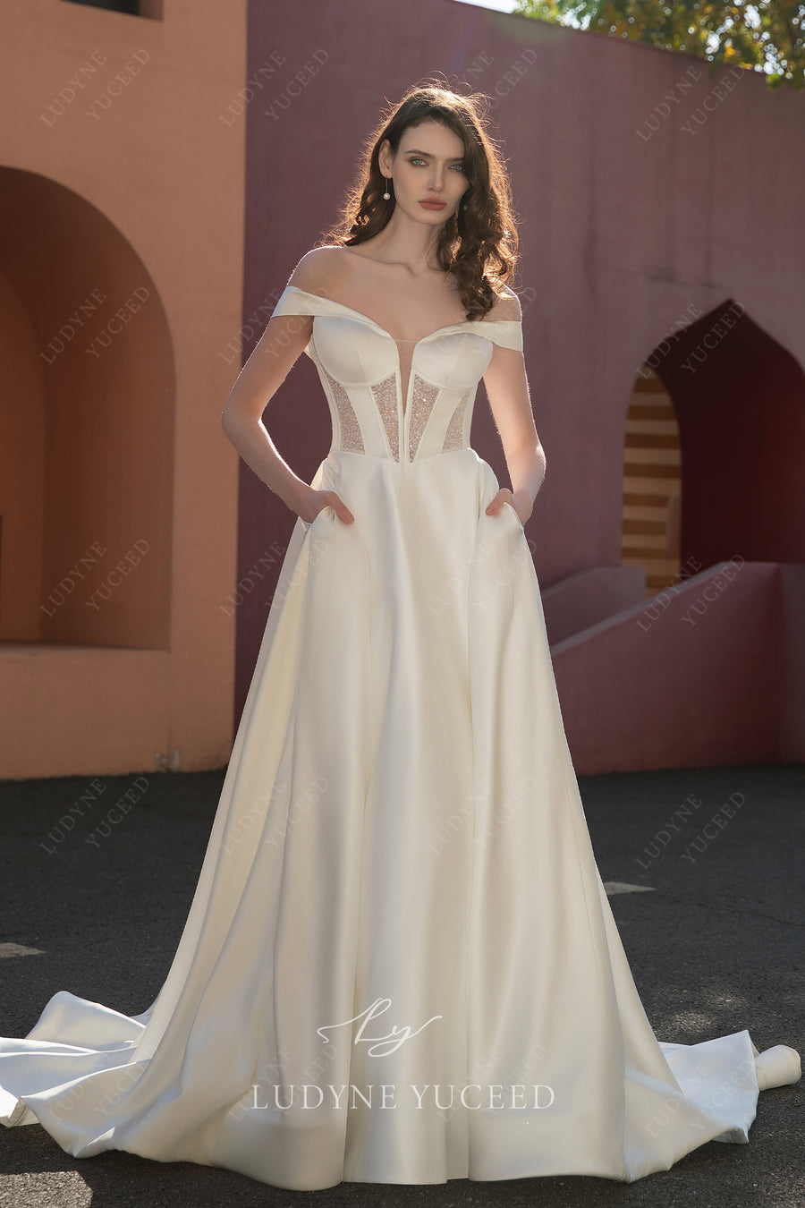 Modern Off The Shoulder Pockets Satin Wedding Dress