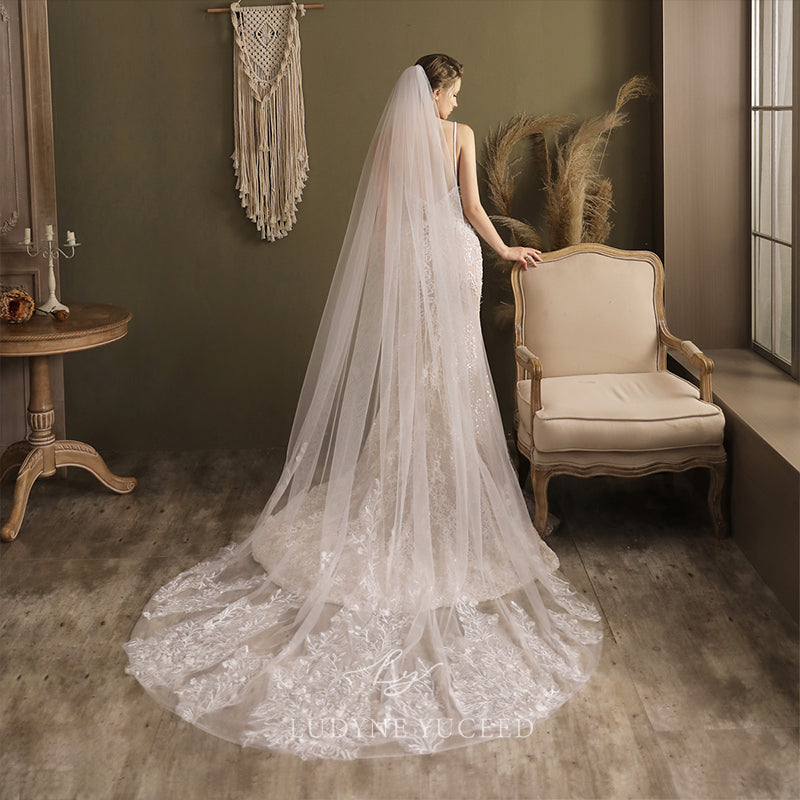 Ornate Lace Adorned Tulle Cathedral Length Single Tier Wedding Veil