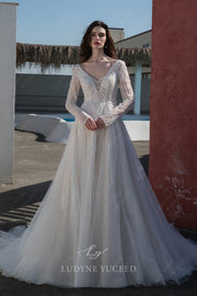 Long Sleeve Lace A-Line V-Neck Wedding Dress