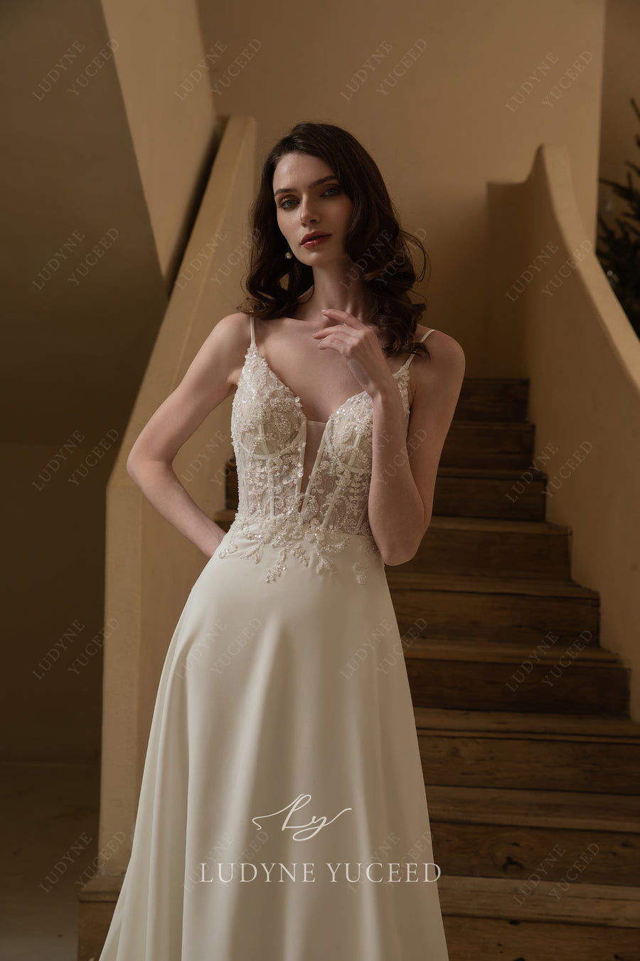 Spaghetti Straps Chiffon Cutout Lace Cathedral Train Wedding Dress