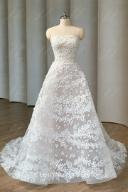 Straight Neck Removable Sleeves Leaf Tulle Chapel Train Wedding Dress