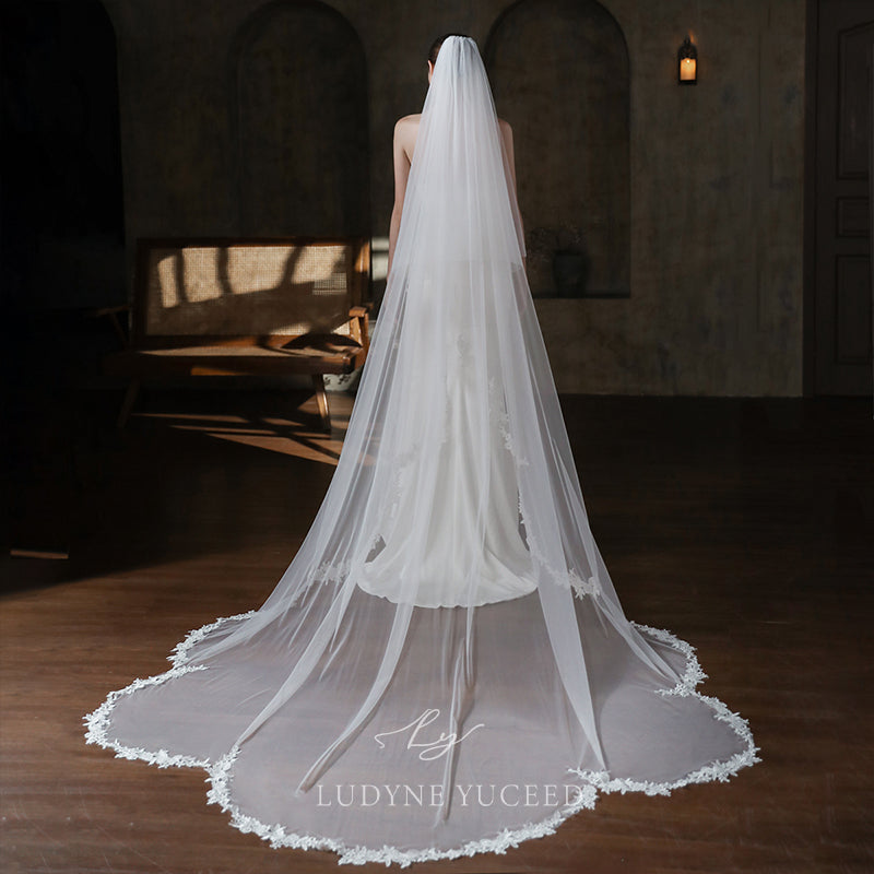 Simple Super Fairy Train Floral Border Double Veil