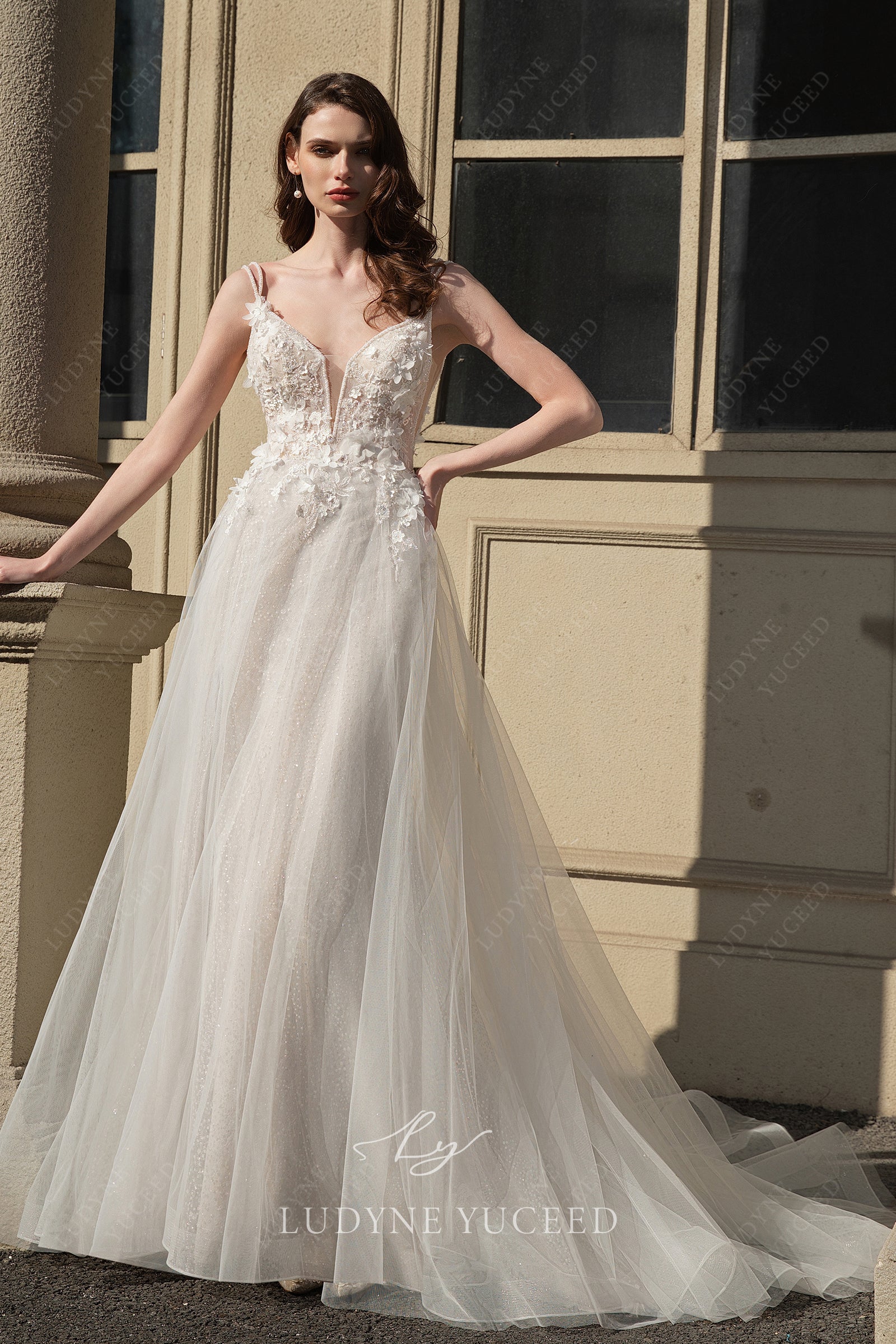 V-Neckline Floral Details Wedding Dress