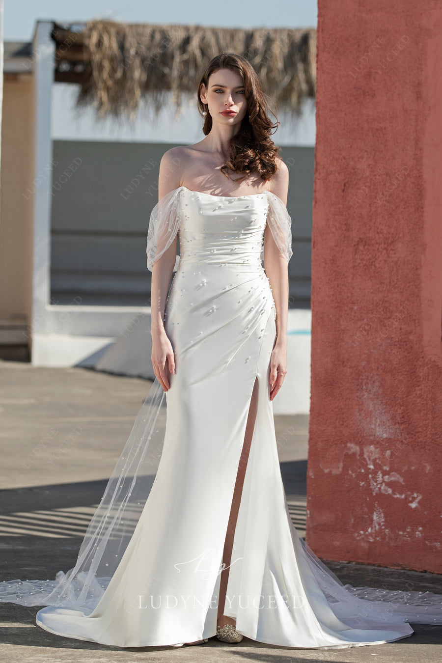 Silk Fit And Flare Off The Shoulder Wedding Dress