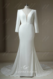 Plunging Neckline Satin Long Sleeve Backless Court Train Wedding Dress