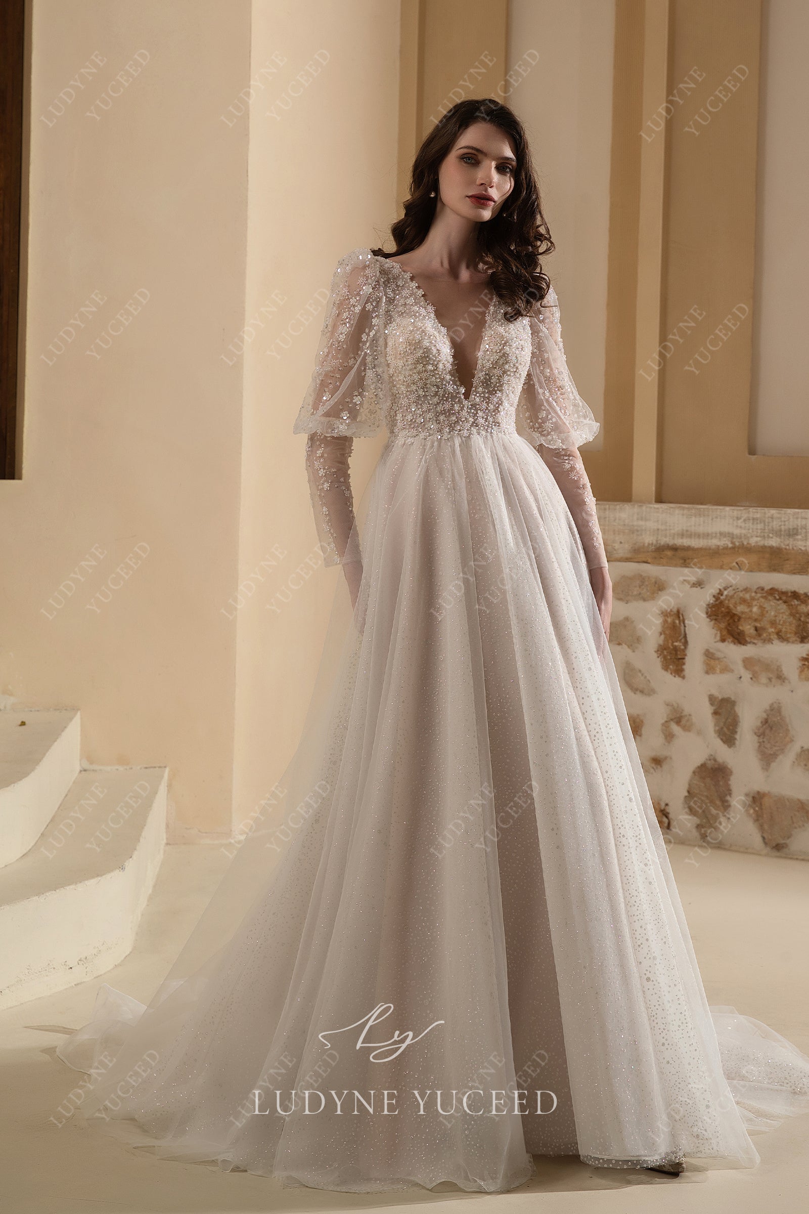 Long Sleeve A-Line Sheer Bodice Deep V-Neck Wedding Dress