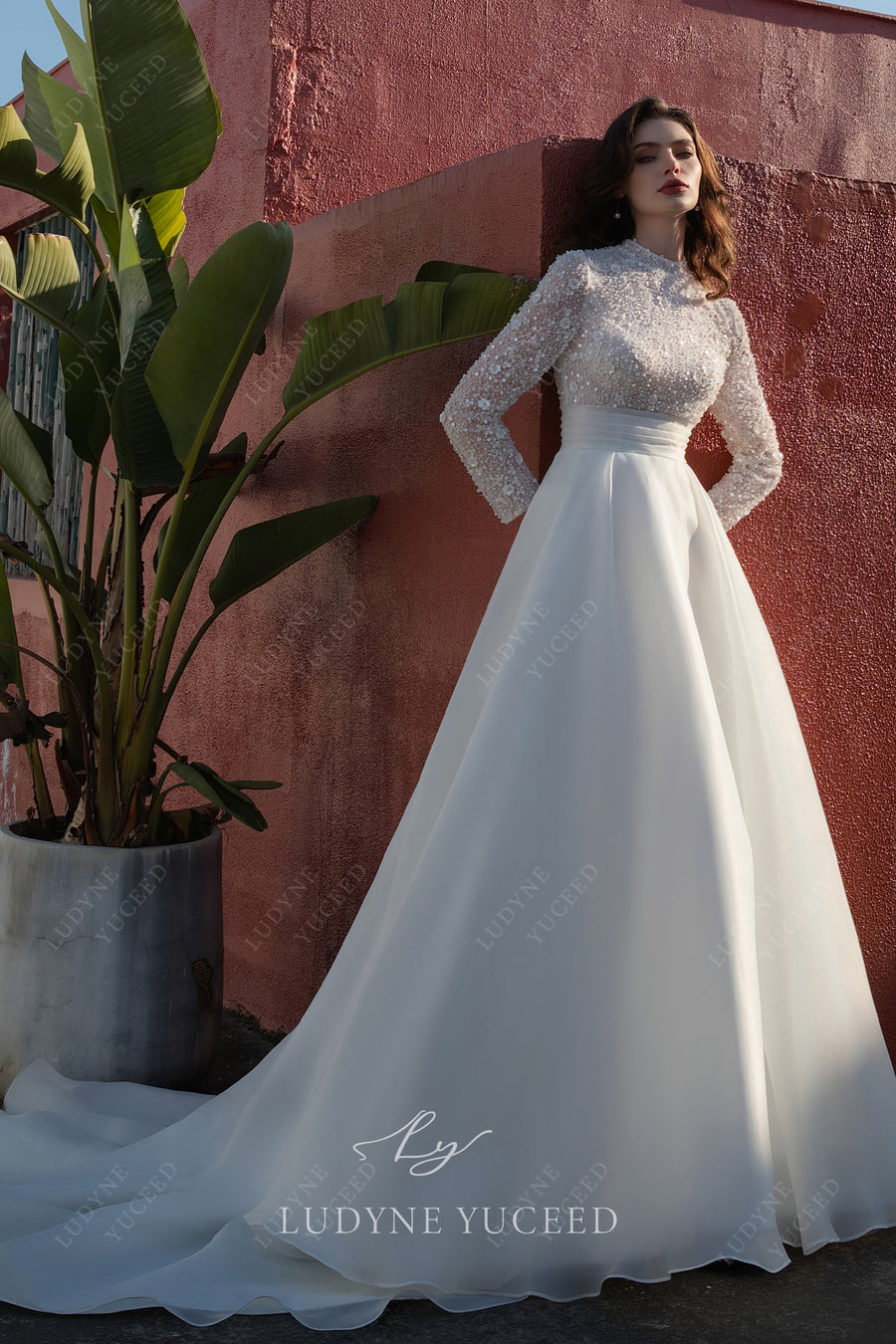 High Neck Princess Beaded Lace Wedding Dress