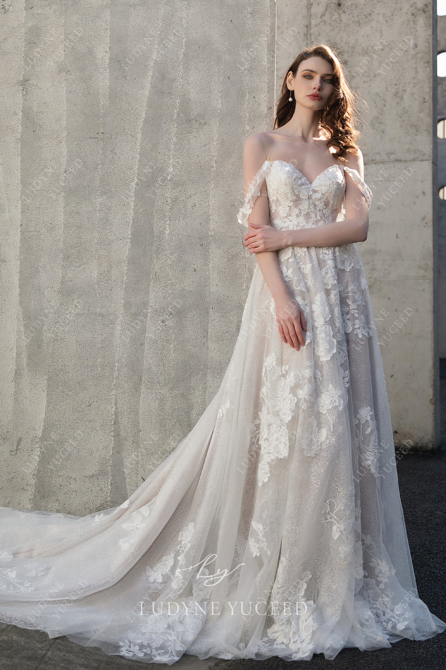 Enchanting Off The Shoulder A-Line Lace Tulle Wedding Dress